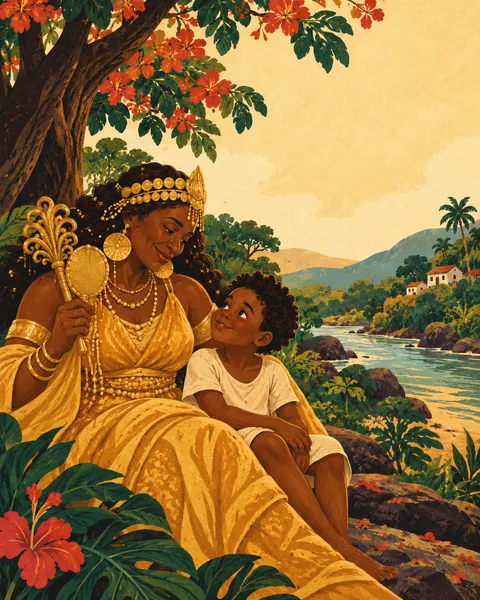 Ilustração de exemplo de Oxum e uma criança negra junto a um rio