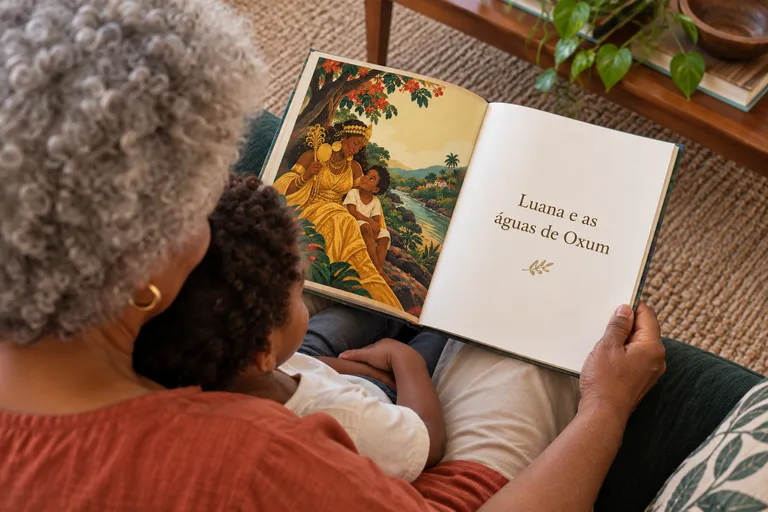 Cena ilustrativa de avó e criança lendo juntas uma história de família