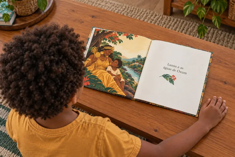 Cena ilustrativa de uma criança lendo seu livro com Oxum, apoiado na mesa